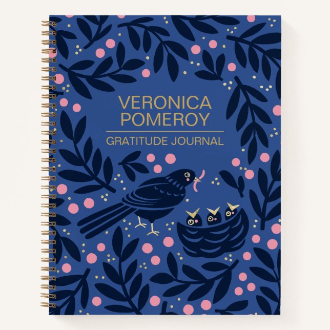 Blue & Pink Illustriert Bird Dankesblatt Notizbuch (Vorderseite)