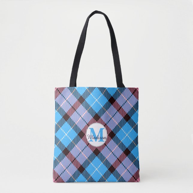 Blue Pink Kariert Tartan Monogram Script Lehrer (Vorderseite)