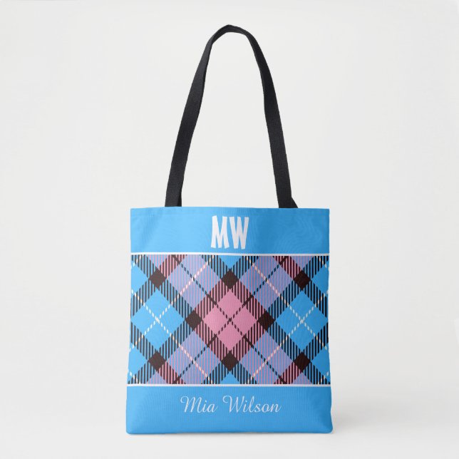 Blue Pink Kariert Tartan Personalisiert Monogram N (Vorderseite)