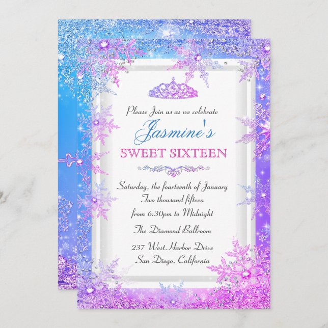 Blue Pink Lila Winter Wonderland Sweet 16 Einladen Einladung (Vorne/Hinten)