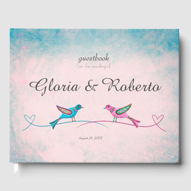 Blue Pink Lovebirds Mexican Wedican Guest Book Gästebuch (Vorderseite)