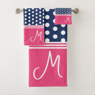 Blue Pink Monogram Polka Dot Spotty Badhandtuch Set