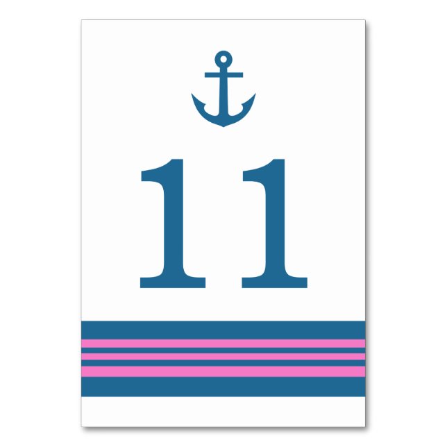 Blue Pink Nautic Anchor Table Card Tischnummer (Vorderseite)