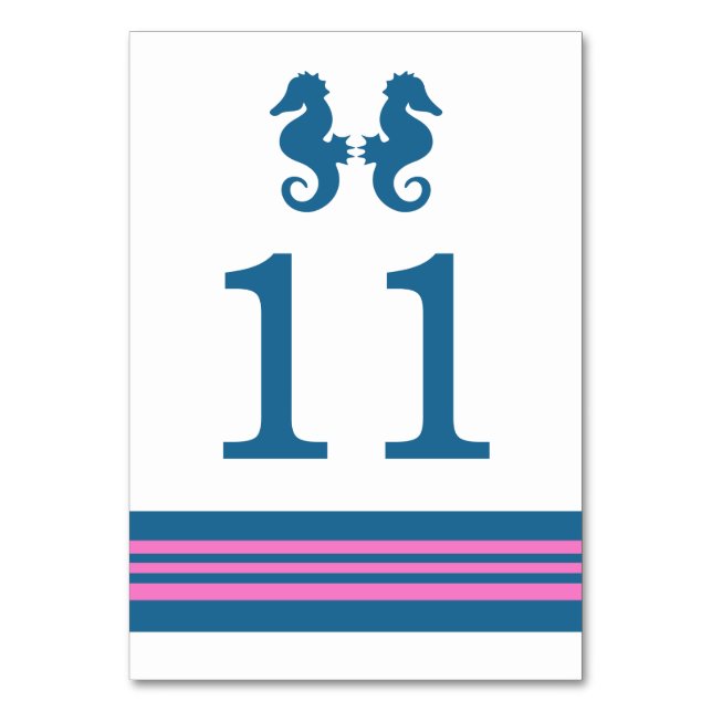 Blue Pink Nautic Seepferd Table Card Tischnummer (Vorderseite)