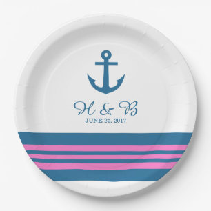 Blue Pink Nautical Anchor Hochzeitspapier-Teller Pappteller