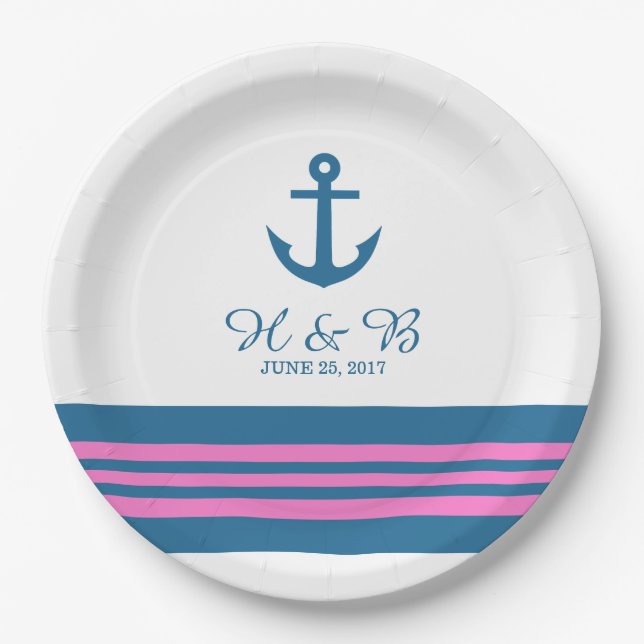Blue Pink Nautical Anchor Hochzeitspapier-Teller Pappteller (Vorderseite)