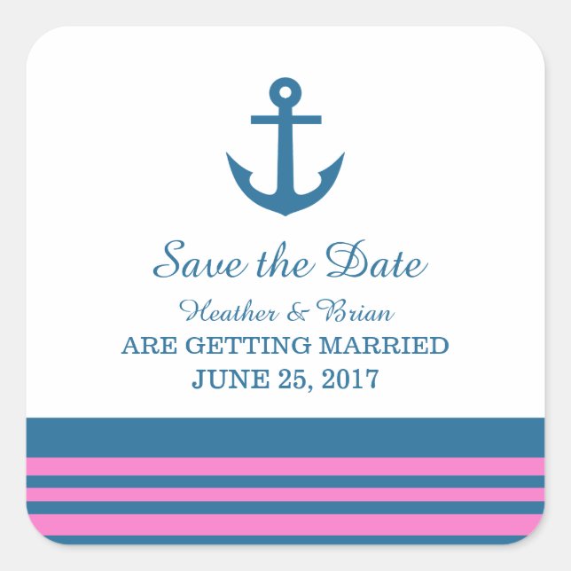 Blue Pink Nautical Anchor Save the Date Stickers (Vorderseite)