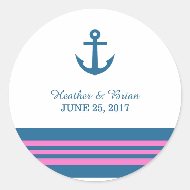Blue Pink Nautical Anchor Wedding Stickers (Vorderseite)