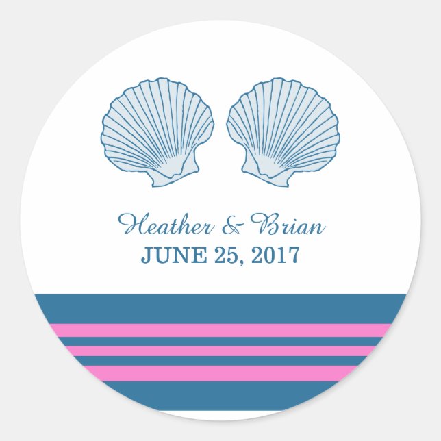 Blue Pink Nautical Seashells Wedding Stickers (Vorderseite)