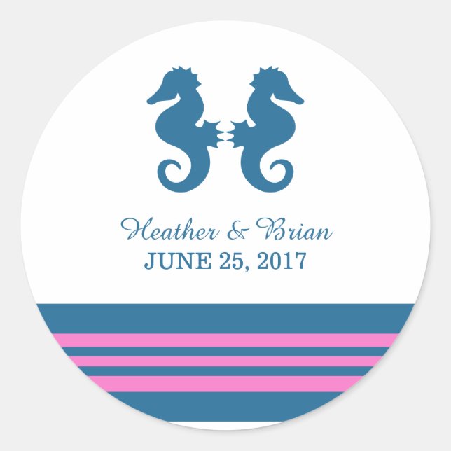 Blue Pink Nautical Seepferd Wedding Stickers (Vorderseite)