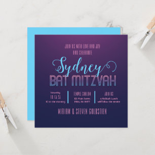 Blue & Pink Neon Bat Bar Mitzvah Party Einladung