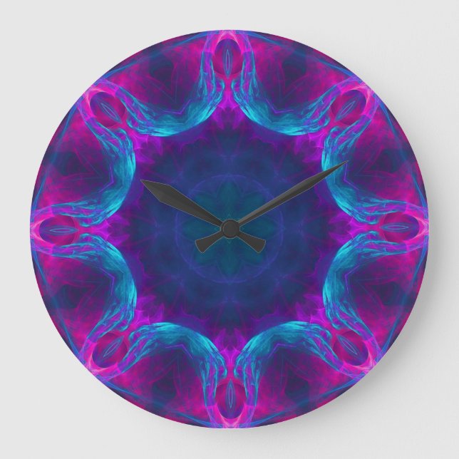 Blue & Pink Neon Dark Kaleidoskop Anzahl Große Wanduhr (Vorderseite)