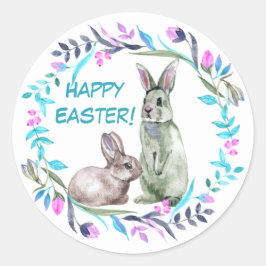 Blue Pink Oaster Bunny Wreath Runder Aufkleber