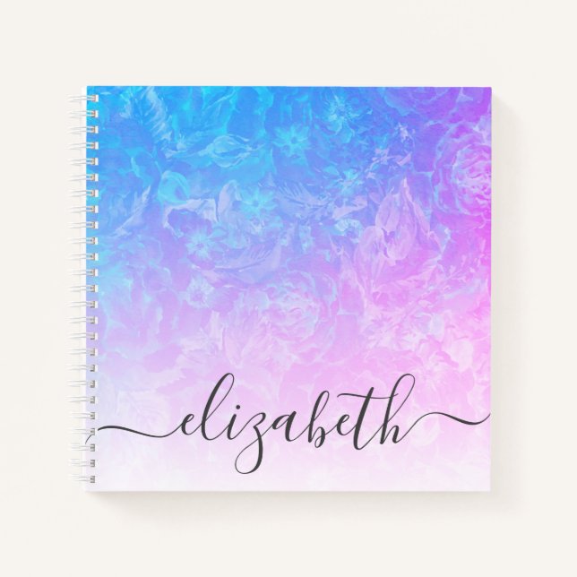Blue Pink Ombre Floral Girl Schriftart Name Notizbuch (Vorderseite)