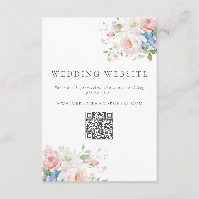 Blue & Pink Pastel Floral QR Wedding Website Begleitkarte (Vorderseite)