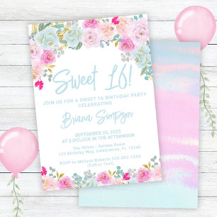 Blue Pink Peach Floral Sweet 16 Geburtstagsparty Einladung