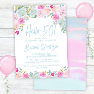 Blue Pink Peach Lila Floral 50. Geburtstagsparty Einladung