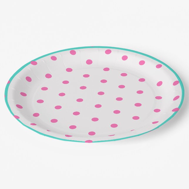 Blue Pink Polka Dots Pappteller (Schrägansicht)
