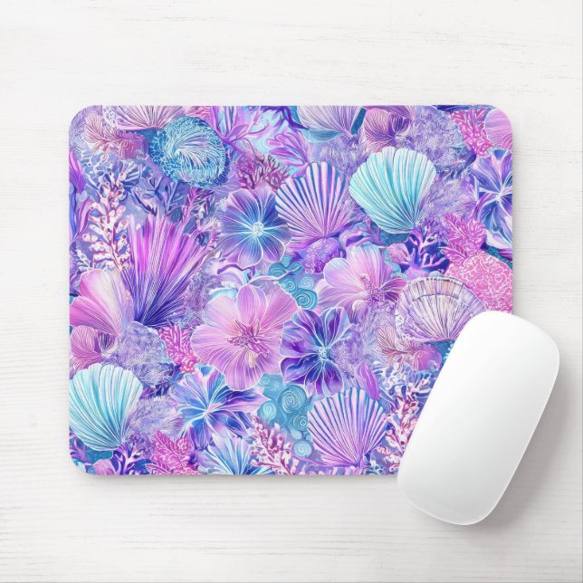 BLUE PINK PURPLE UNDERSEA PLANTS & SEASHELLS MOUSEPAD (Mit Mouse)