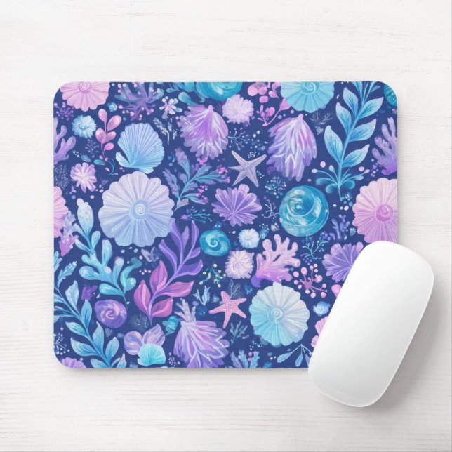 BLUE PINK PURPLE UNDERSEA PLANTS & SEASHELLS MOUSEPAD (Mit Mouse)