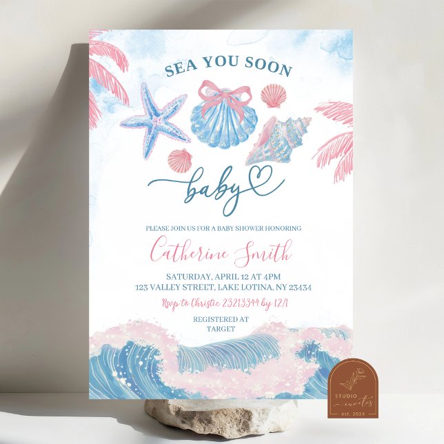 Blue Pink Sea You soon Baby shower Invitation Einladung (Von Creator hochgeladen)