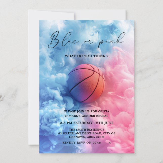 Blue Pink Smoke Basketball Sport Gender Reveal Einladung (Vorderseite)
