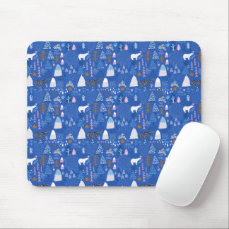 Blue Pink Snowy Happy Winter Forest Bear Bunny Mousepad
