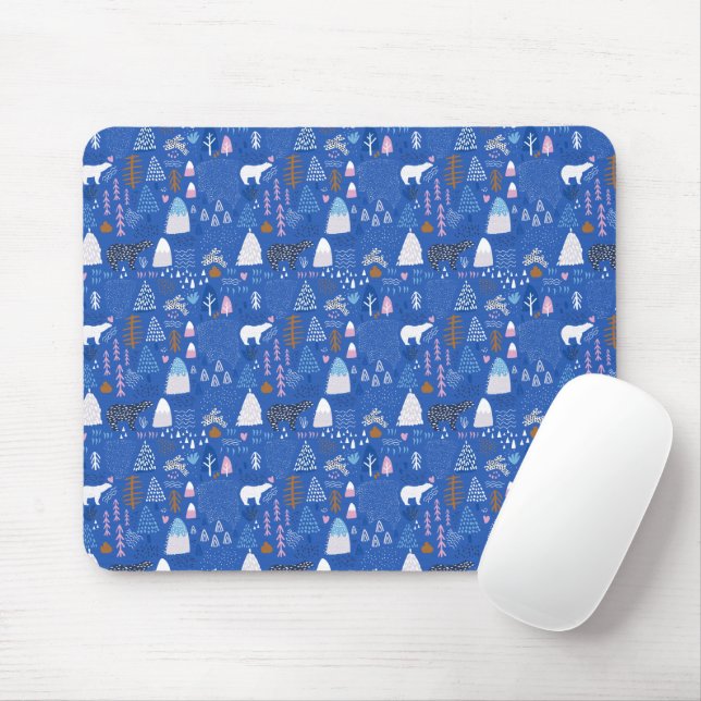 Blue Pink Snowy Happy Winter Forest Bear Bunny Mousepad (Mit Mouse)