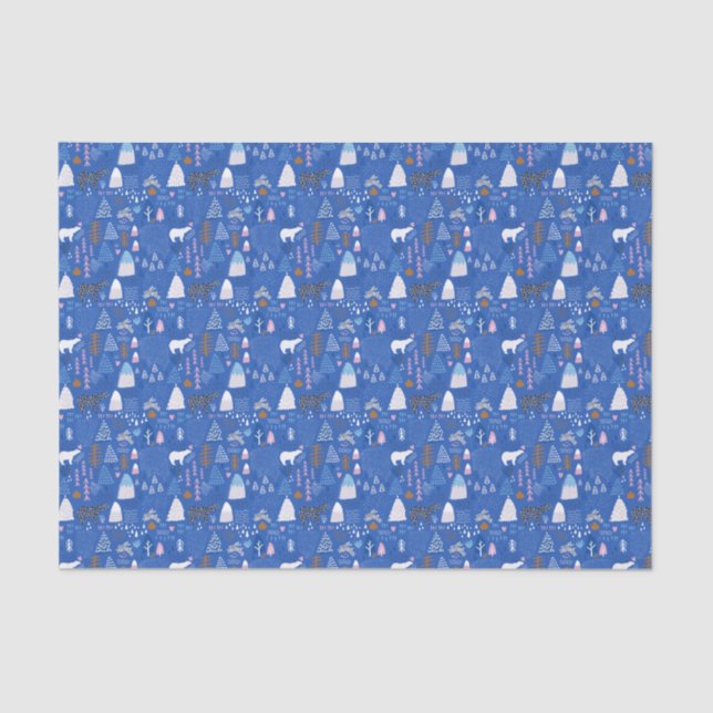 Blue Pink Snowy Happy Winter Forest Bear Bunny Seidenpapier (Vorderseite)
