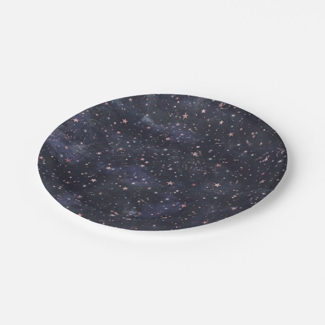 Blue & Pink Starry Night Sky Celestial Baby Dusche Pappteller (Schrägansicht)