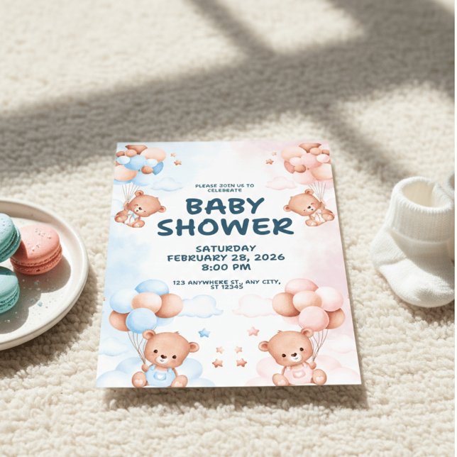 Blue Pink Teddy Bear Gender Reveal Baby Shower Einladung (Von Creator hochgeladen)