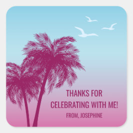 Blue Pink Tropical Palm Trees Birthday Thank You Quadratischer Aufkleber