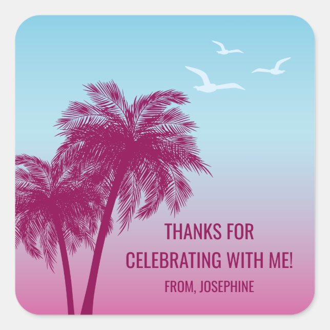 Blue Pink Tropical Palm Trees Birthday Thank You Quadratischer Aufkleber (Vorderseite)