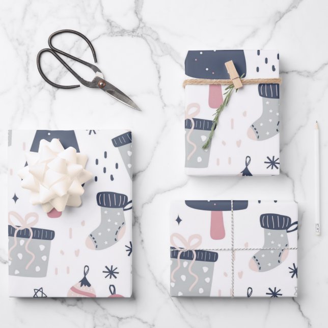 Blue Pink und Grau Weihnachten Geschenkpapier Set (Vorderseite)