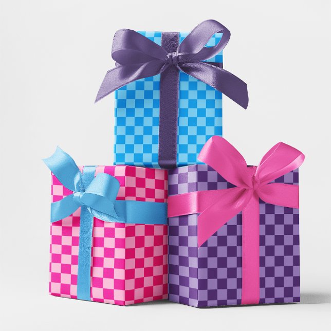 Blue Pink und Lila Checkerboard Multi Geschenkpapier Set (Blue Pink and Purple Checkerboard Multi Wrapping Paper Sheets)