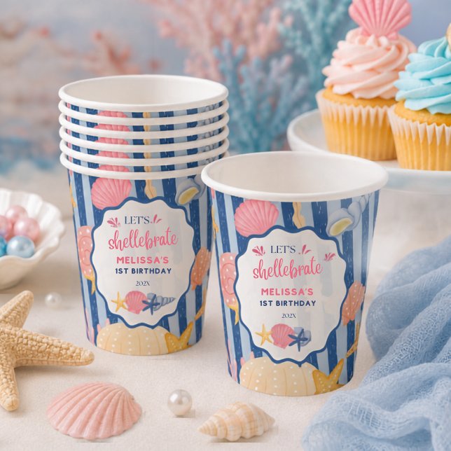 Blue Pink Under The Sea Seashell Geburtstag   Pappbecher (Von Creator hochgeladen)