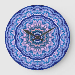 Blue Pink White Agate Boho Mandala Große Wanduhr