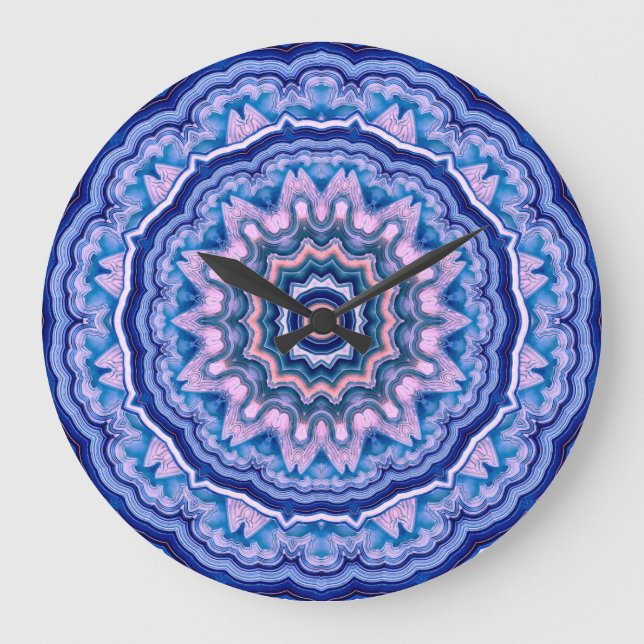 Blue Pink White Agate Boho Mandala Große Wanduhr (Vorderseite)