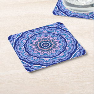 Blue Pink White Agate Boho Mandala Rechteckiger Pappuntersetzer