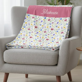 Blue Pink Wildflower Botanical Custom Name Fleecedecke