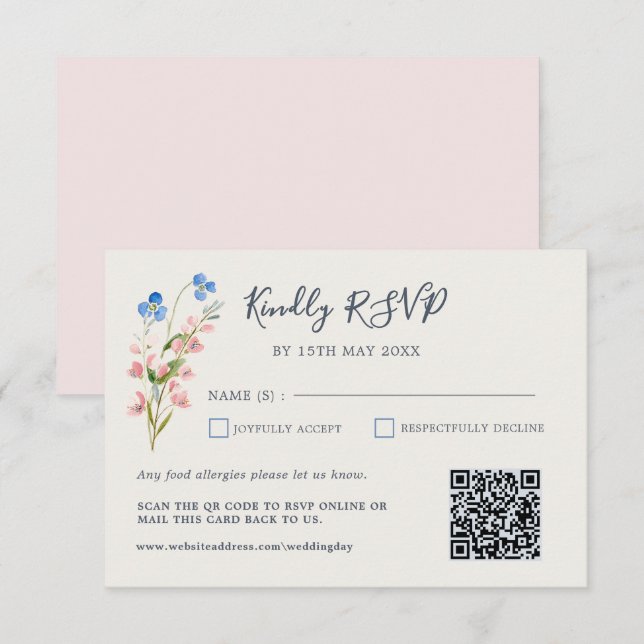 Blue Pink Wildflowers Response Card RSVP Karte (Vorne/Hinten)