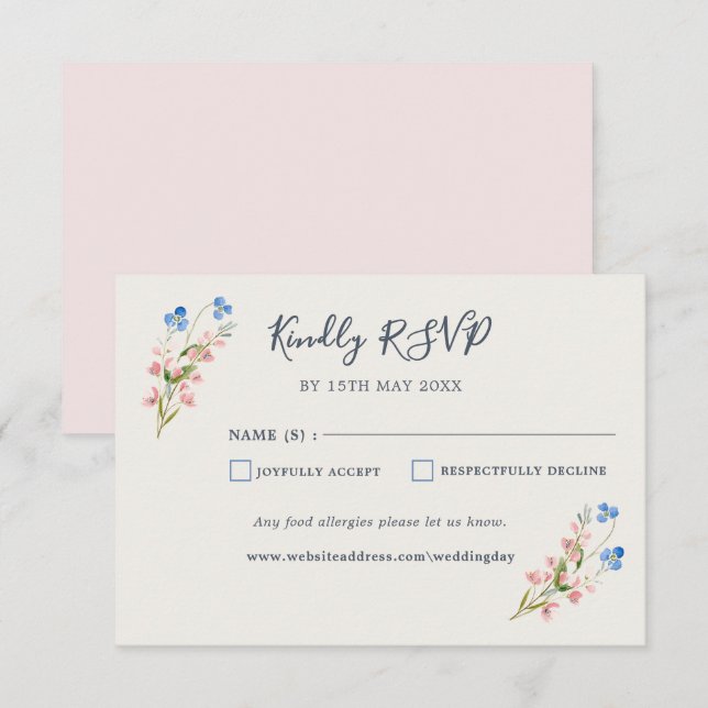 Blue Pink Wildflowers Response Card RSVP Karte (Vorne/Hinten)