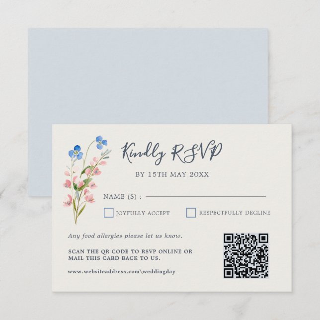 Blue Pink Wildflowers Response Card RSVP Karte (Vorne/Hinten)