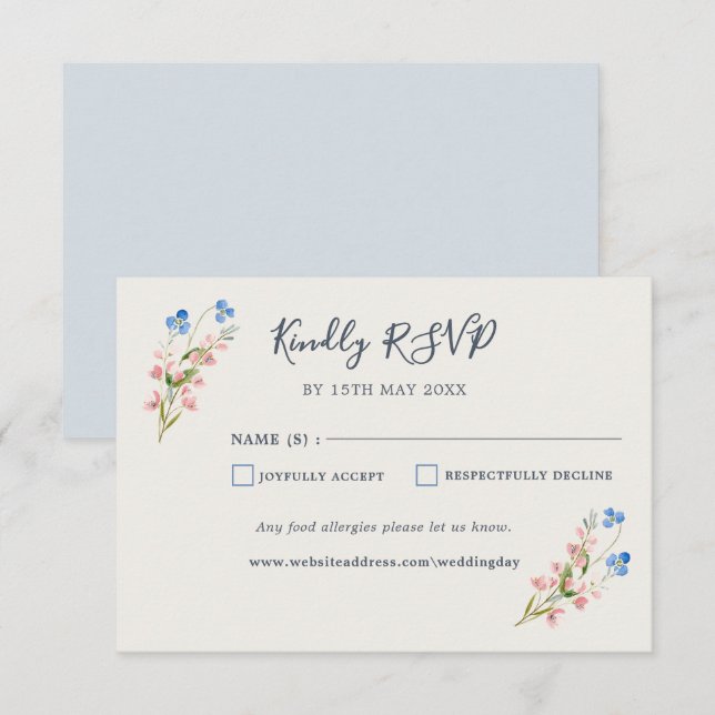 Blue Pink Wildflowers Response Card RSVP Karte (Vorne/Hinten)