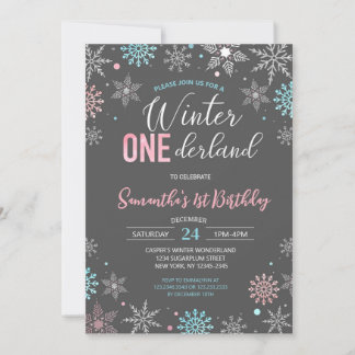 Blue Pink Winter Onederland Snowflake 1. Geburtsta Einladung