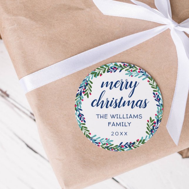 Blue & Pink Wreath Frohe Weihnachten Runder Aufkleber (Von Creator hochgeladen)