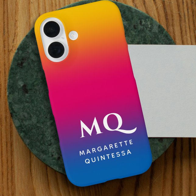 Blue Pink Yellow Gradient White Monogram Initials Case-Mate iPhone Hülle (Von Creator hochgeladen)