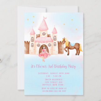 Blue PinkPrincess Castle Horse Geburtstagsparty Einladung