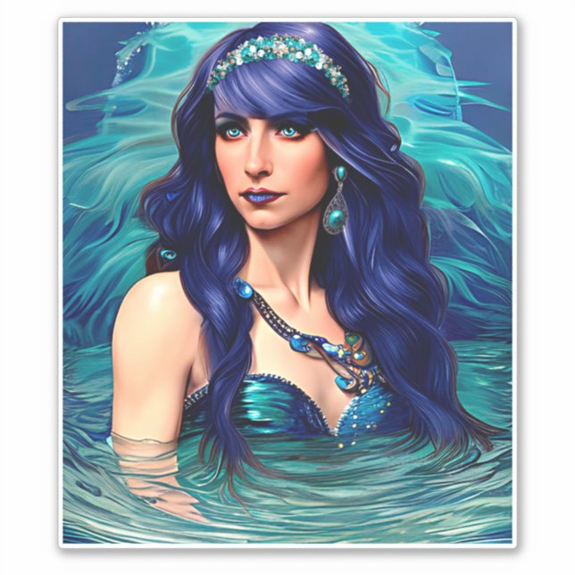 Blue Pisces Mermaid Queen Original Fantasy Art Aufkleber (Vorderseite)