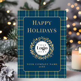Blue Plaid Business Logo Holiday Thank You Card Feiertagskarte